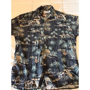 Windham Pointe Mens Large Rayon Aloha Shirt Tropical Palm Tree Surfboard Navy